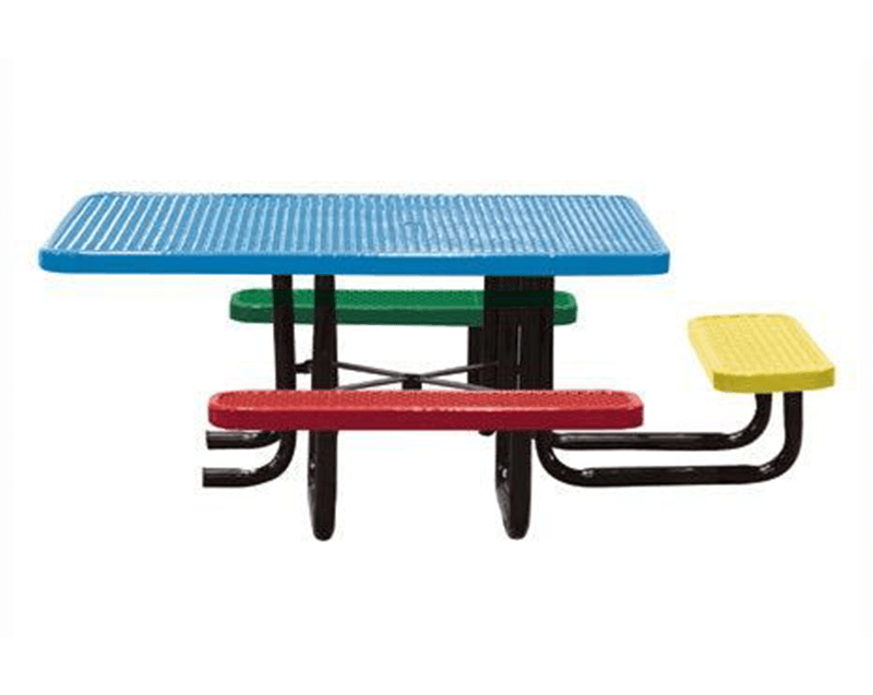 Accessible round children’s picnic table with extended seating space to accommodate mobility devices in a school playground environment.